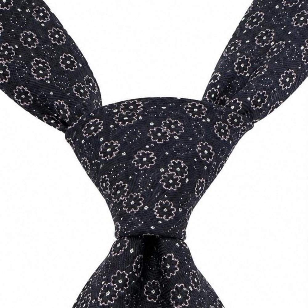 Vtg Villa Ponti Mens Silk Tie Navy Blue‎ OS Floral Geometric Old Money Academia
